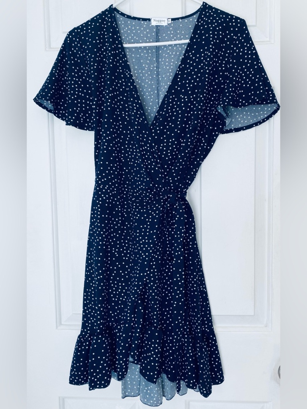 Navy Polka Dot Wrap Dress with Tie Waist